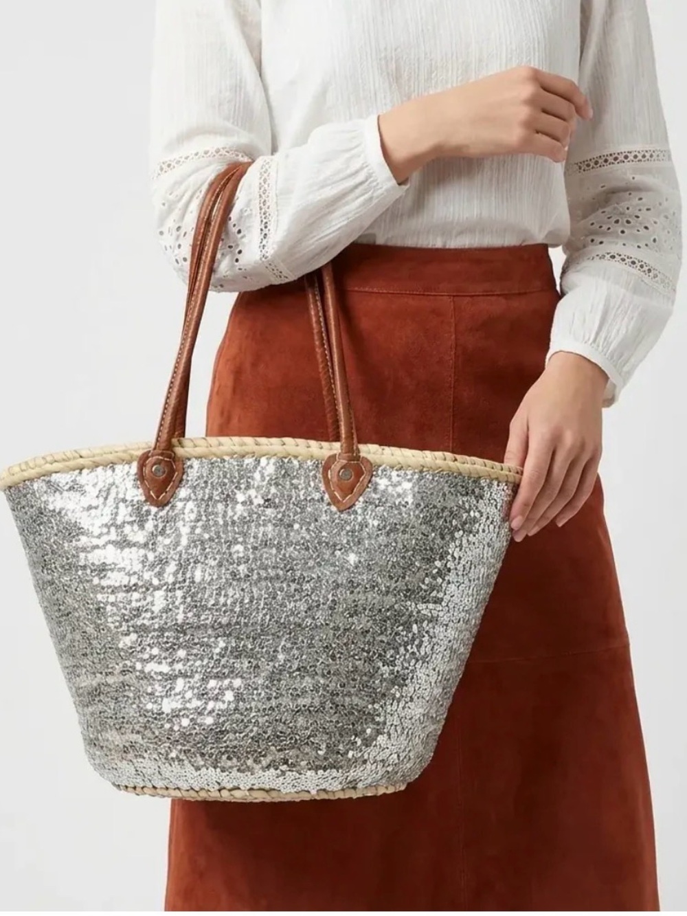 Silver Sequined French Market Basket Tote - Picture 6 of 8